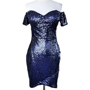 NEW Bebe Drew Blue Sequin Off-the-Shoulder Party Prom Dress Medium